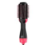 A black and pink hair dryer brush with bristles for styling and drying hair, featuring a logo on the handle.