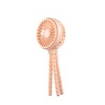 A flexible tripod stroller fan in soft peach colour with three adjustable legs for mounting.