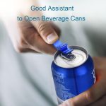 A drink bottle opener in blue, assisting in opening a beverage can. The background features a hand holding the can.
