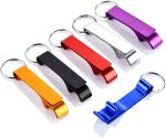 A drink bottle opener set featuring six keychain openers in vibrant colours: orange, black, red, silver, purple, and blue.