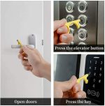 A yellow no touch door opener tool for opening doors and pressing buttons, featured in multiple usage scenarios.