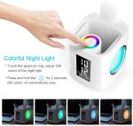 A white desk lamp featuring a colour spectrum ring, digital clock, and colourful night light options.