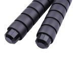Two black jump rope handles with textured grips and rounded ends, featuring a logo.