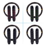 Jump ropes with black handles featuring red, green, and blue accents, accompanied by a black rope. Includes branding elements.