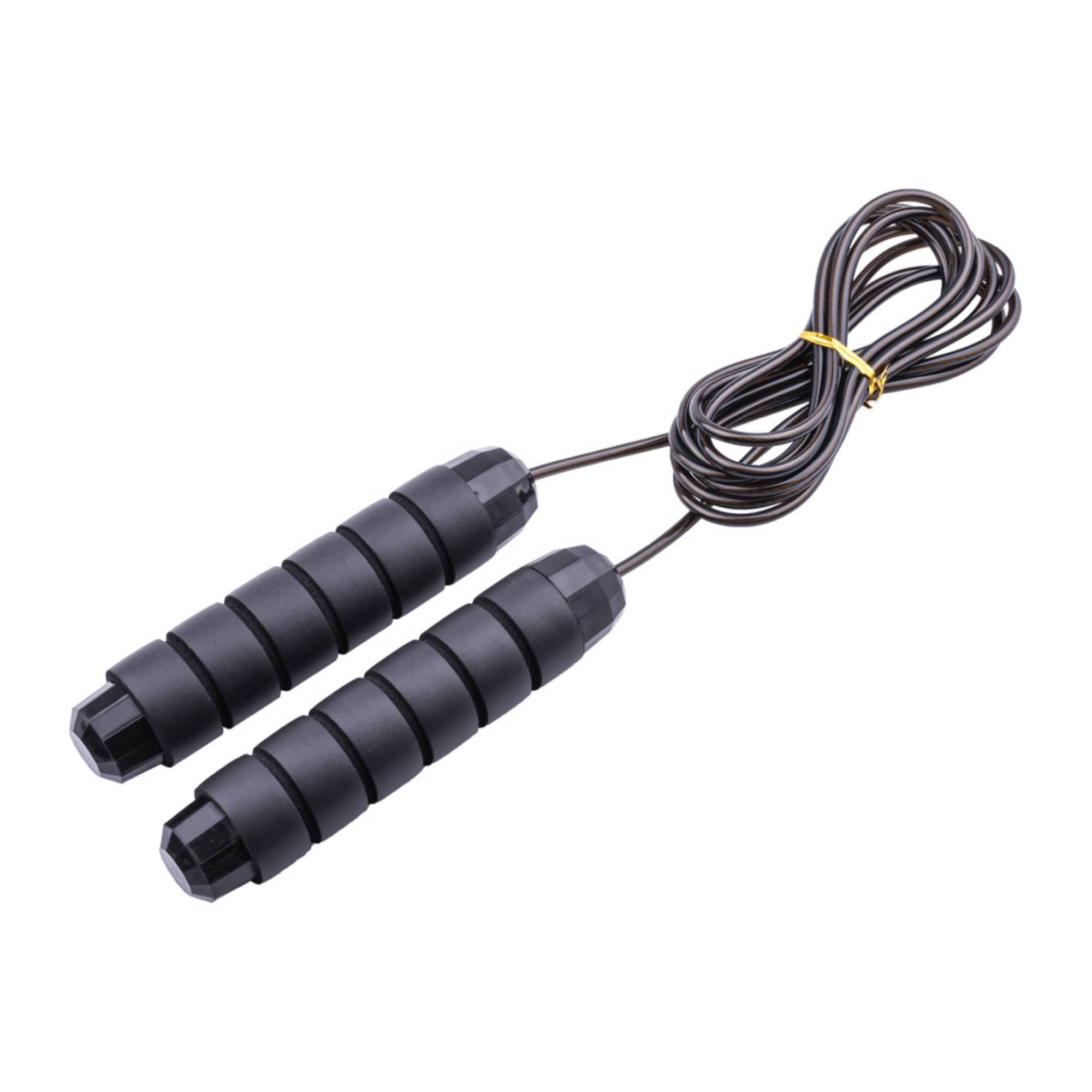 A pair of black jump ropes with textured handles and a brown cord, suitable for fitness activities. A pair of black jump ropes with textured handles and a brown cord, suitable for fitness activities.