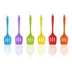A set of six silicone shovels in blue, purple, green, yellow, red, and orange, featuring holes for easy draining.