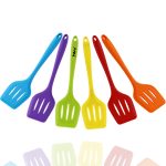 Six silicone spatulas in purple, green, yellow, orange, red, and blue, with one featuring a logo.