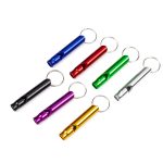A collection of portable aluminum whistles in various colours, including blue, red, green, purple, black, silver, and gold, with keyrings.