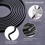 A black coiled rope with a measuring tool, showcasing its durable materials and PVC cladding. Features strong inner steel wire.