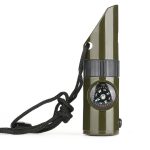 A green camping whistle with a compass, featuring a black adjustable lanyard and a textured grip.