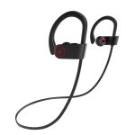 Bluetooth headphones in black with ear hooks and a control panel featuring a power button.