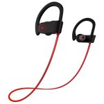 Bluetooth headphones in black and red, featuring ear hooks and a connecting cable, with a logo on the side.