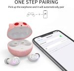A pink cat-themed wireless earset with a charging case next to a phone displaying Bluetooth settings.