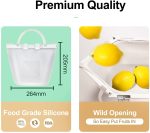 A reusable silicone food storage bag in clear with a white handle, featuring a wide opening and dimensions listed.