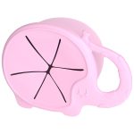 A pink silicone snack catcher shaped like an elephant, featuring a curved handle and segmented opening.