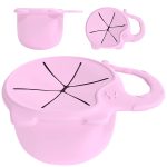 A pink silicone elephant-shaped snack catcher with a lid and a handle, featuring black decorative lines.
