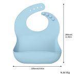 A silicone baby bib in light blue with a curved design and button adjustments, featuring a logo.