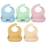 A set of silicone baby bibs in blue, mint green, pink, yellow, and cream, each with a logo.