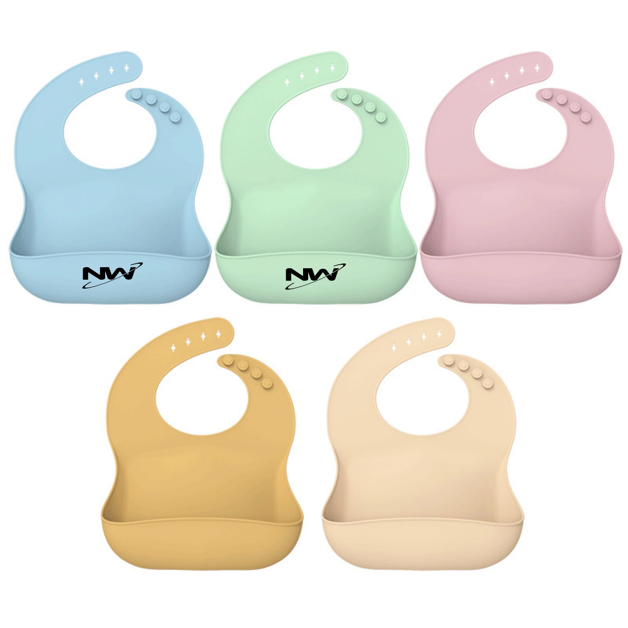 A set of silicone baby bibs in blue, mint green, pink, yellow, and cream, each with a logo. A set of silicone baby bibs in blue, mint green, pink, yellow, and cream, each with a logo.
