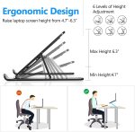 A portable black laptop stand featuring six adjustable height levels, ranging from 4.7 to 6.3 inches.