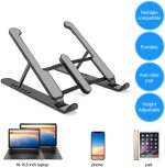 A portable laptop stand in black with adjustable height, featuring an anti-slide pad and compatibility with various devices.