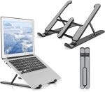 A portable laptop stand in black with a silver laptop, featuring adjustable height and folding design.