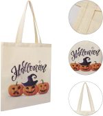 A reusable canvas tote bag in cream with a Halloween design featuring pumpkins and a witch's hat. It has a logo.