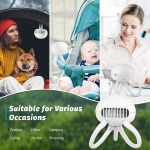 A white mini handheld stroller fan with a clip design, suitable for various occasions like walking and shopping.