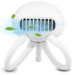 A white mini handheld stroller fan with a round body and two flexible legs for stability.