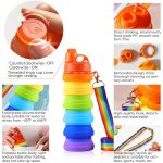 A drink bottle featuring a rainbow of silicone colours, with an orange cap and a detachable strap for easy carrying.