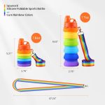 A drink bottle in rainbow colours with a silicone folding design, featuring a detachable strap and a logo.