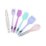 A six-piece baking tool set featuring pastel purple, pink, and turquoise utensils, including a whisk and spatula.
