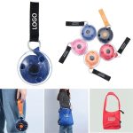 A set of folding telescopic storage bags in various colours: blue, pink, black, and red, featuring logos and key rings.