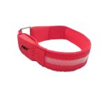 A red LED bracelet with a reflective strip and an adjustable buckle. The product includes a logo.