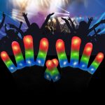 LED gloves featuring vibrant red, green, and blue lights against a background of a concert crowd.