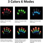 LED gloves featuring three colours: red, green, and blue. Six lighting modes are displayed on a black background.