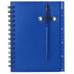 A blue spiral notebook with a pen attached, featuring a ruler along the edge.