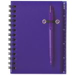 A purple spiral notebook featuring a matching pen attached, with a ruler printed along the side.
