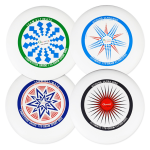 A set of four white Ultimate discs featuring different colourful designs and a logo.