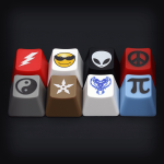 Arrow keycaps in various colours featuring distinct symbols, including lightning, peace sign, and yin-yang designs.