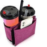 A drink bottle holder in purple fabric, featuring compartments for two cups and a phone, with a straw included.