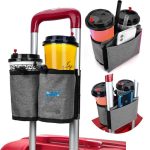 A drink bottle holder in grey, attached to a suitcase, with compartments for cups and a mobile phone.
