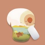 A colourful silicone wrister mousepad featuring a scenic landscape with a sunset, greenery, and birds in a soft colour palette.