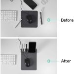 A grey mouse pad with a pen holder, featuring a mouse, phone, and stationery items on a desk.