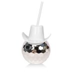 A drink bottle shaped like a disco ball with a white cowboy hat and straw, featuring reflective silver and white colours.