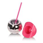 A Disco Cowboy Hat Cup with a shiny silver ball design and a bright pink straw. Features a removable pink lid.