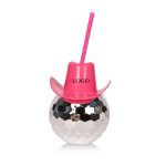 A drink bottle shaped like a disco ball with a pink cowboy hat and a pink straw. It features a logo.