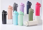A drink bottle collection featuring various colours, including pink, green, purple, and black, with a magnetic lid and a logo.