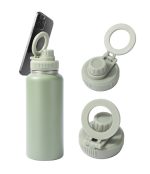 A drink bottle in a light green colour with a magnetic lid and a phone holder attachment. It features a logo.