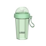 A drink bottle featuring a transparent design with a mint green lid and a built-in double drinking straw. It has a logo.